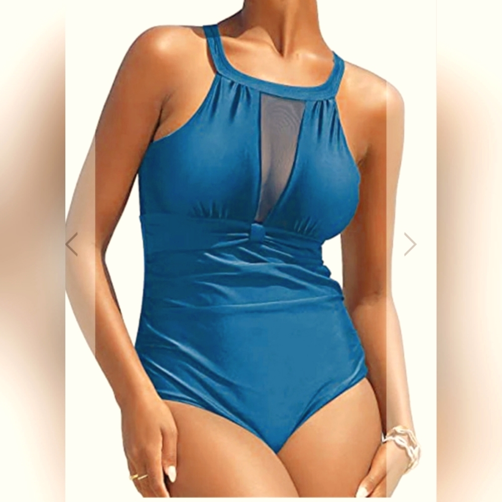 Women's Mesh V-Neck Blue Maternity or Bigger Mid Section Monokini